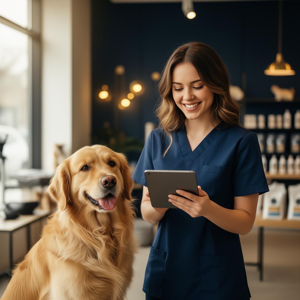 Profissional de petshop sorrindo enquanto opera tablet ao lado de um golden retriever